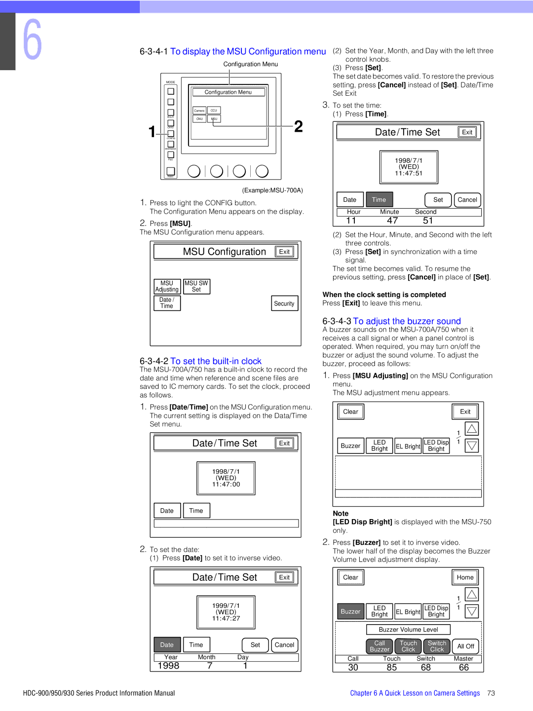 Sony 950, 930, 900 4-1To display the MSU Configuration menu, 4-2To set the built-in clock, 4-3To adjust the buzzer sound 