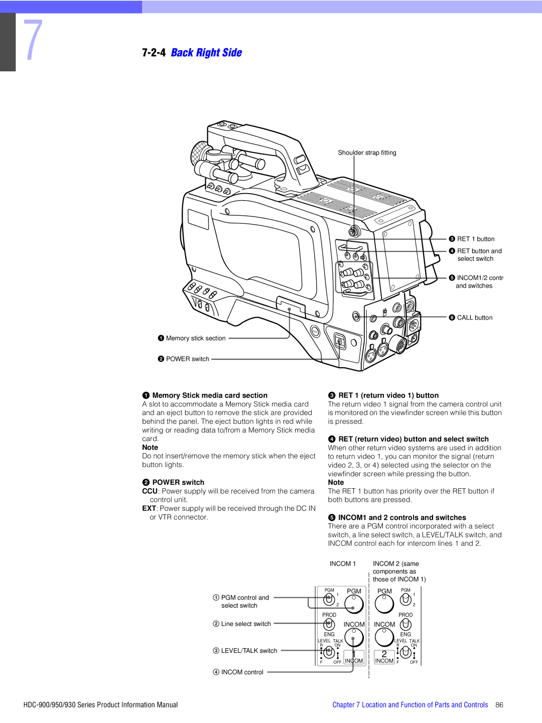 Sony 900, 930, 950 manual Power switch, INCOM1 and 2 controls and switches 