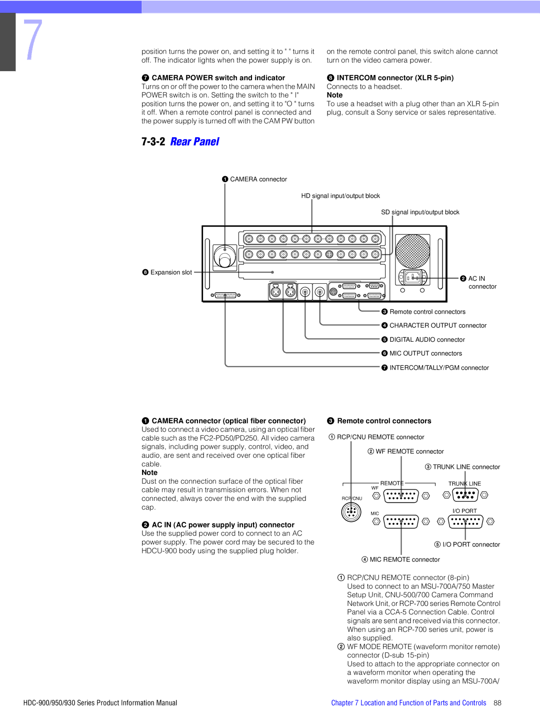 Sony 950, 930, 900 2Rear Panel, Position turns the power on, and setting it to turns it, RCP/CNU Remote connector 8-pin 