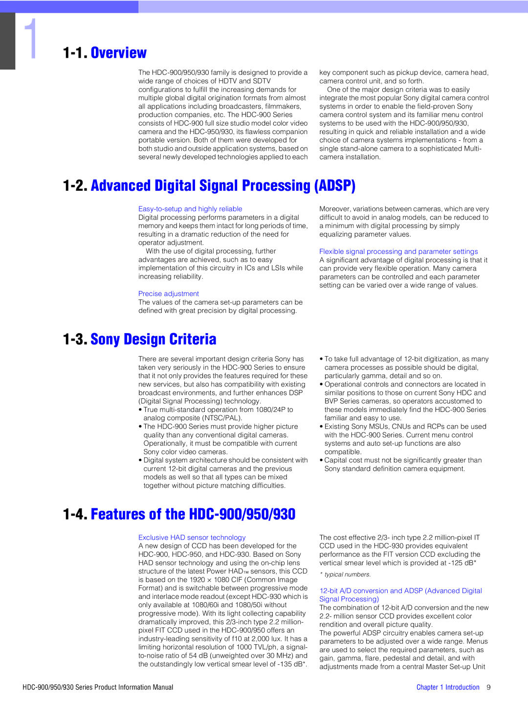 Sony 930, 950, 900 manual Overview, Advanced Digital Signal Processing Adsp, Sony Design Criteria 