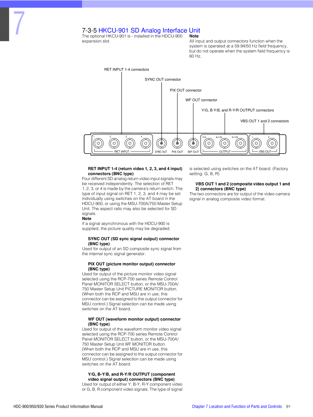 Sony 950 But do not operate when the system field frequency is 60 Hz, Sync OUT SD sync signal output connector BNC type 