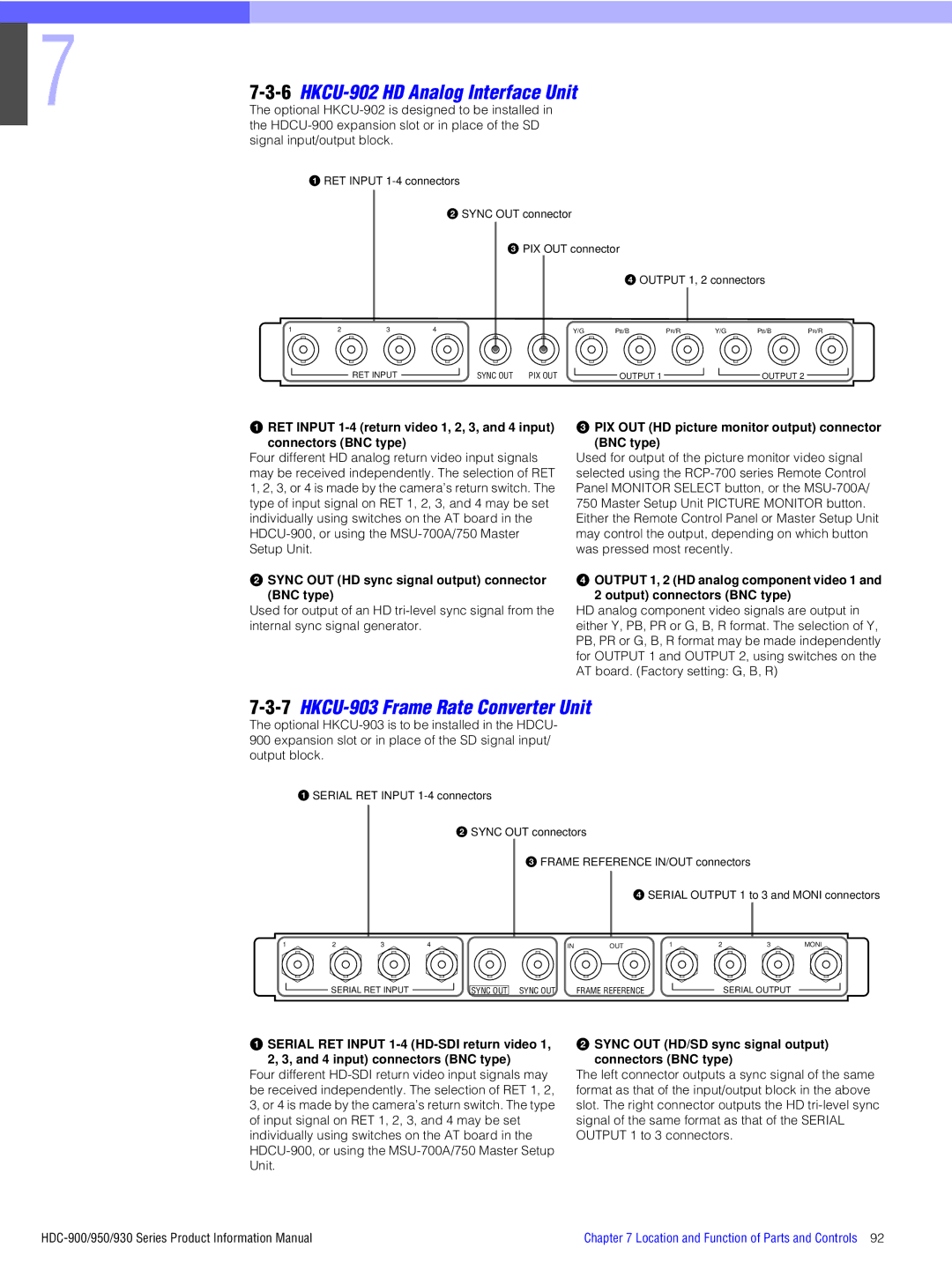 Sony 900, 930, 950 manual 7HKCU-903 Frame Rate Converter Unit, Sync OUT HD sync signal output connector BNC type 