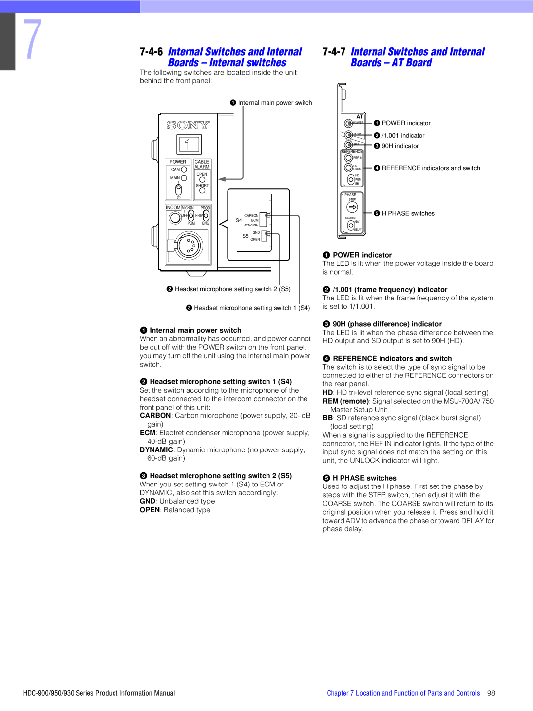 Sony 900, 930, 950 manual 6Internal Switches and Internal, Boards Internal switches Boards AT Board 