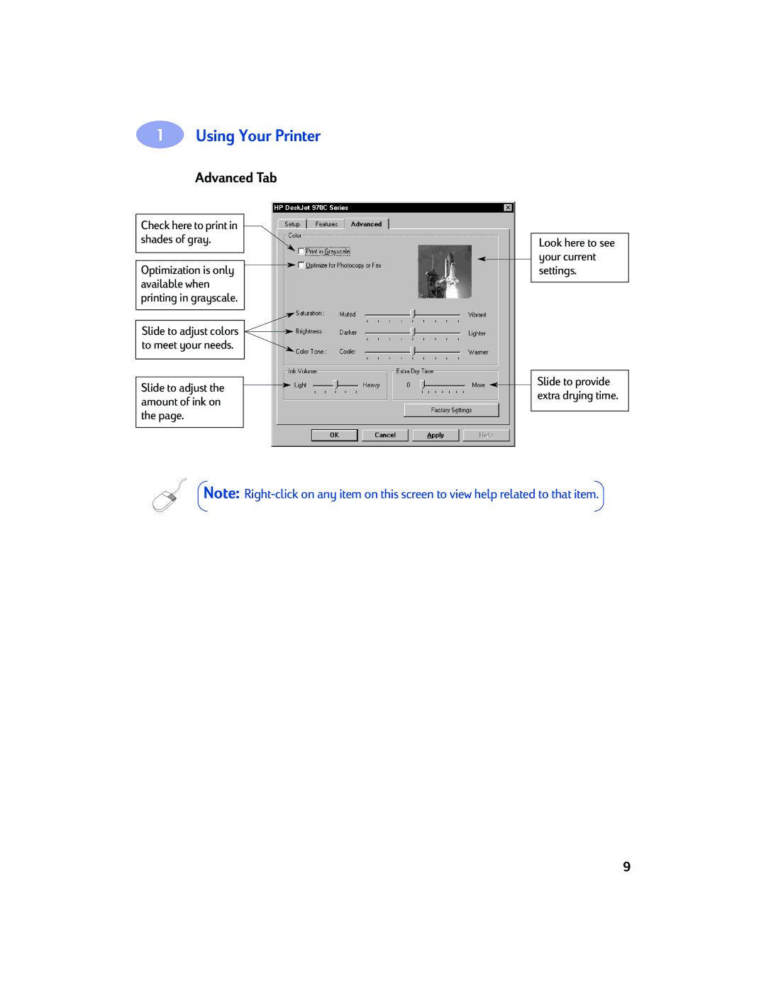 Sony 970C Series manual Advanced Tab, Slide to adjust the amount of ink on, Check here to print in shades of gray 