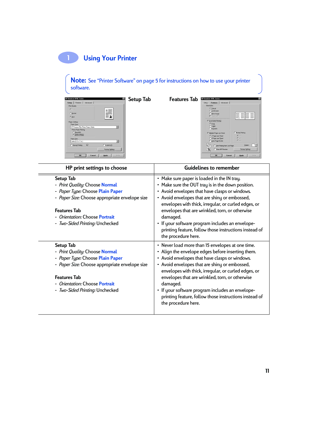 Sony 970C Series manual Setup Tab, HP print settings to choose Guidelines to remember 