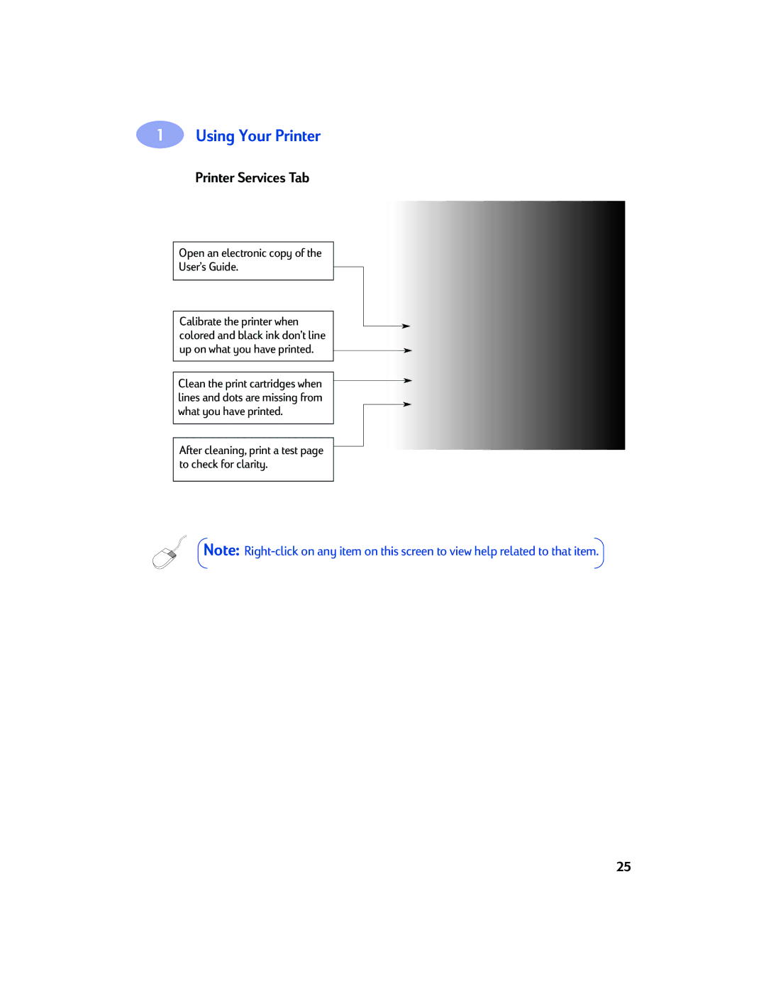 Sony 970C Series manual Printer Services Tab, Open an electronic copy User’s Guide 