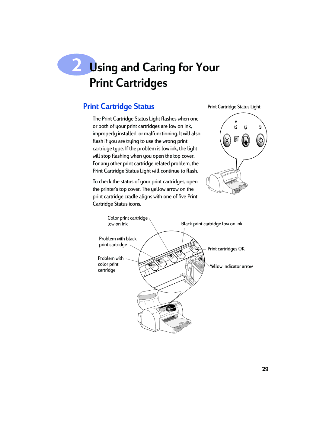 Sony 970C Series manual Using and Caring for Your Print Cartridges, Print Cartridge Status Light 