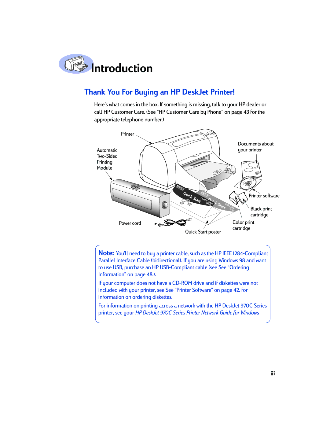 Sony 970C Series manual Introduction, Thank You For Buying an HP DeskJet Printer, Iii 