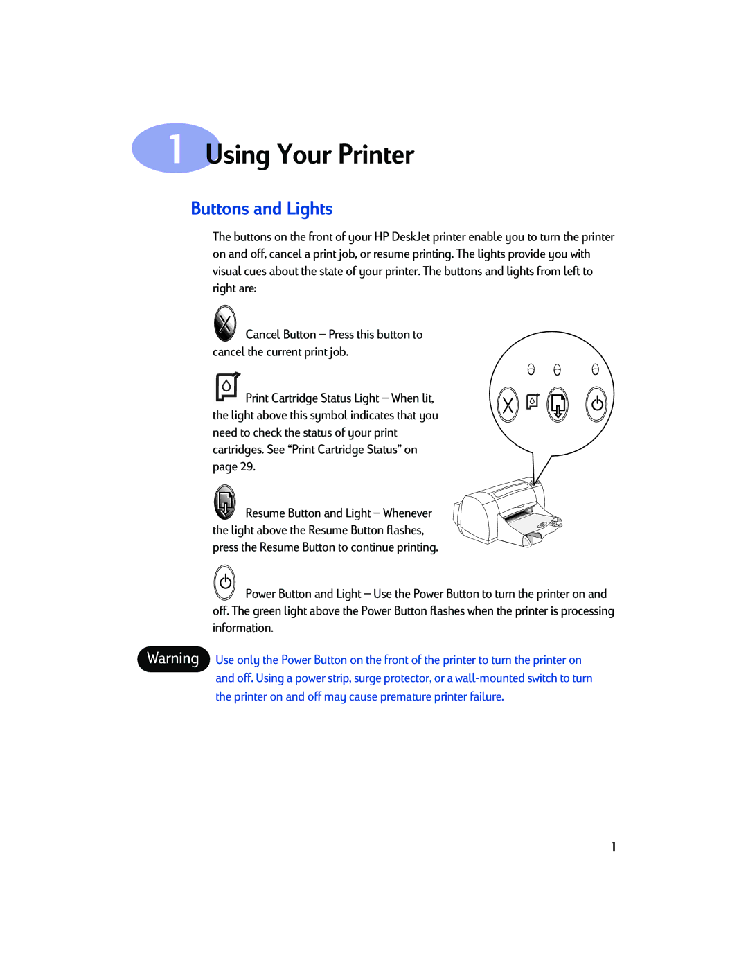 Sony 970C Series manual Using Your Printer, Buttons and Lights 