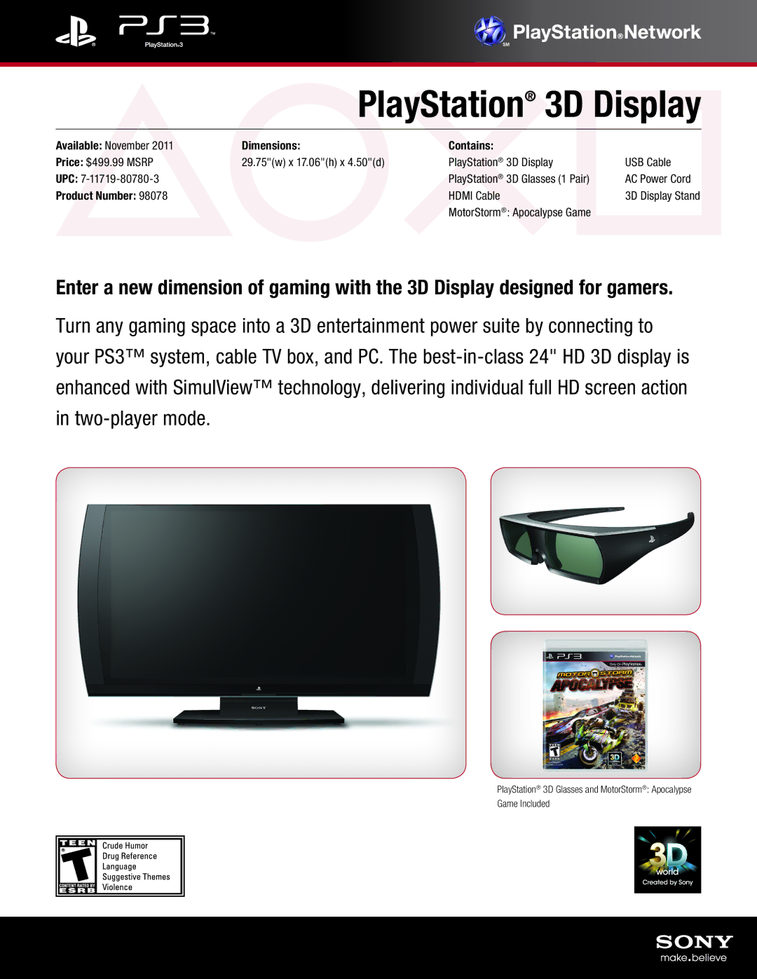 Sony 98078 dimensions PlayStation 3D Display, Dimensions Contains, Product Number 