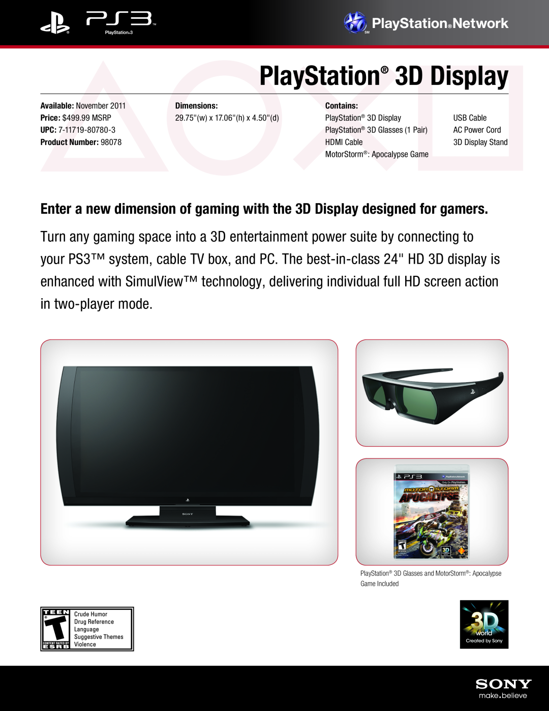 Sony 98078 dimensions PlayStation 3D Display, Dimensions, Contains, Product Number 