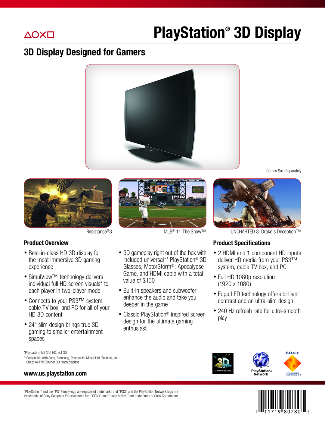 Sony 98078 dimensions PlayStation 3D Display, 3D Display Designed for Gamers, Product Overview, Product Specifications 