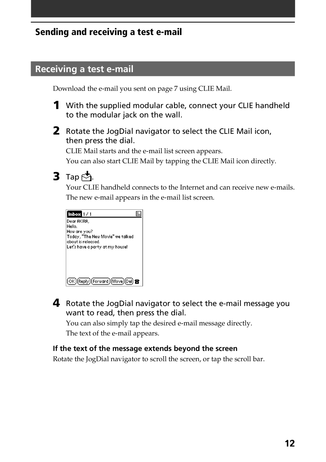 Sony A-AVZ-100-11 manual Receiving a test e-mail, If the text of the message extends beyond the screen 