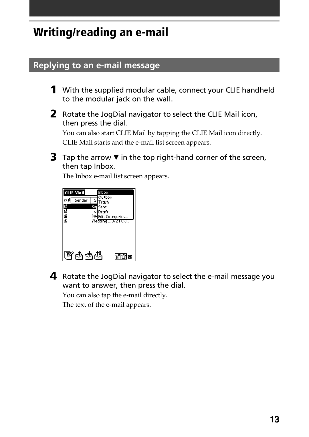 Sony A-AVZ-100-11 manual Writing/reading an e-mail, Replying to an e-mail message 