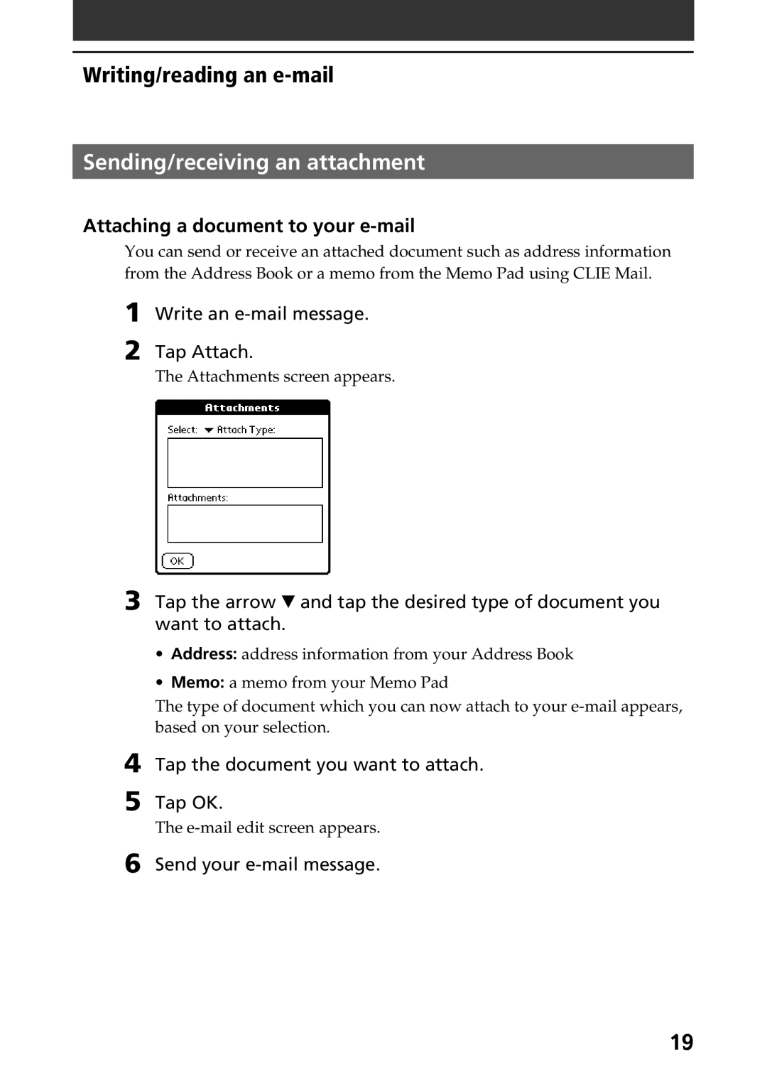 Sony A-AVZ-100-11 Sending/receiving an attachment, Attaching a document to your e-mail, Write an e-mail message Tap Attach 