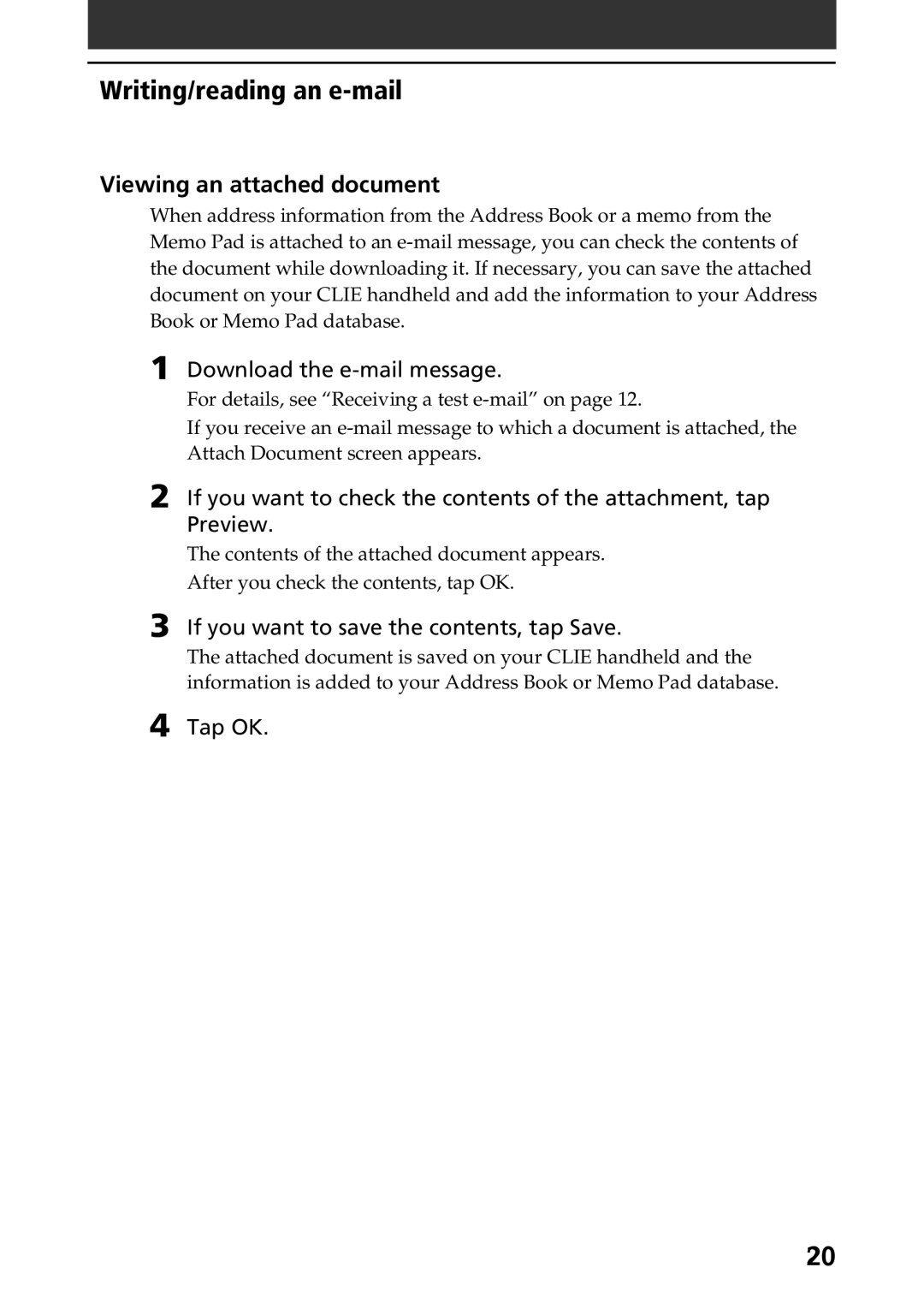 Sony A-AVZ-100-11 Viewing an attached document, Download the e-mail message, If you want to save the contents, tap Save 