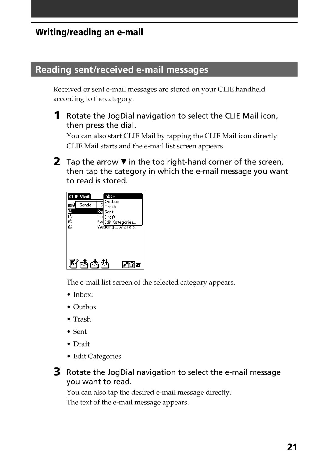 Sony A-AVZ-100-11 manual Reading sent/received e-mail messages 