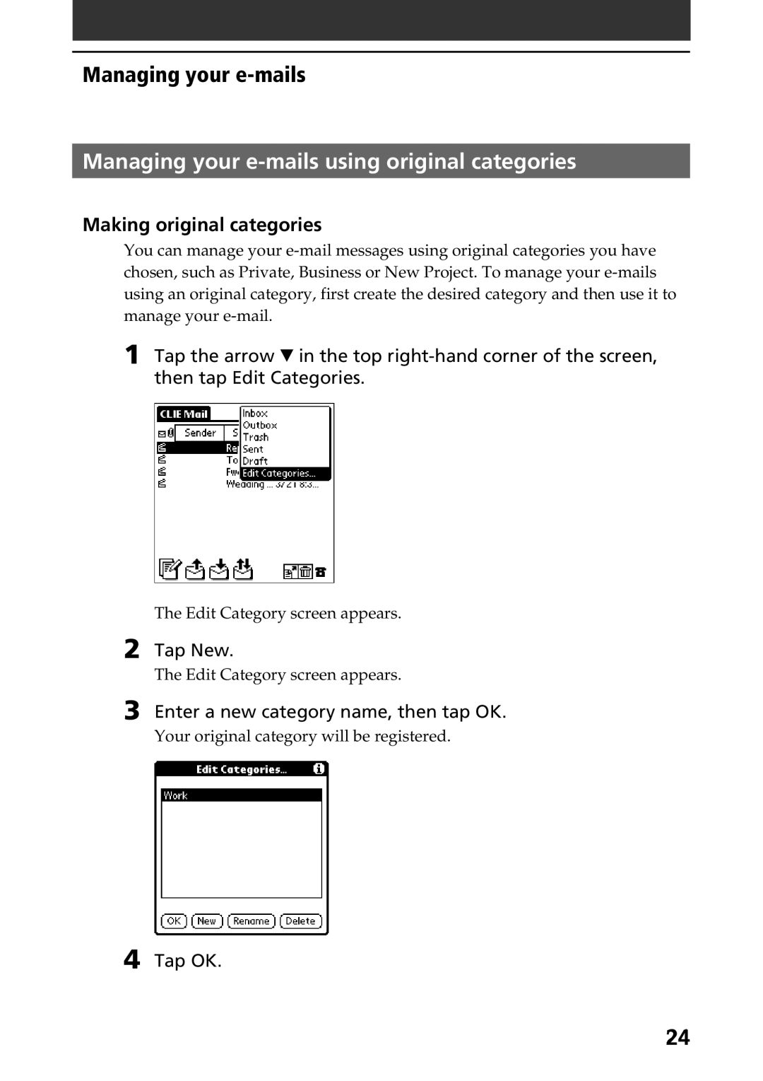 Sony A-AVZ-100-11 manual Managing your e-mails using original categories, Making original categories, Tap New 