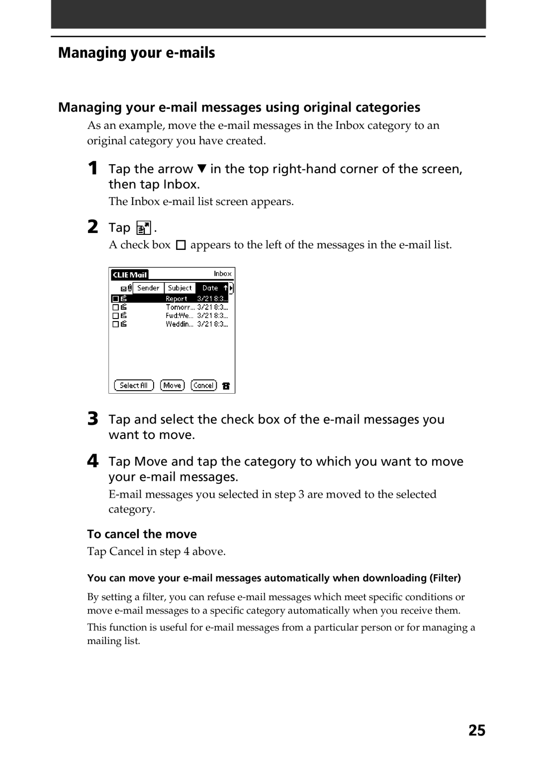 Sony A-AVZ-100-11 manual Managing your e-mail messages using original categories, To cancel the move 