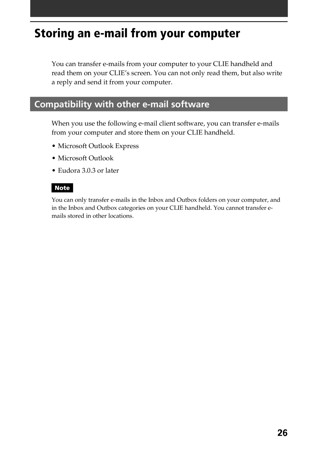 Sony A-AVZ-100-11 manual Storing an e-mail from your computer, Compatibility with other e-mail software 