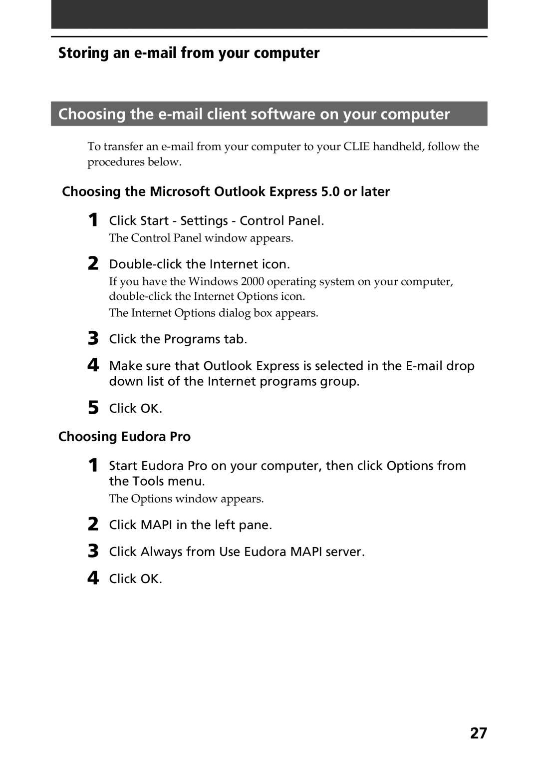 Sony A-AVZ-100-11 manual Choosing the e-mail client software on your computer, Choosing Eudora Pro 