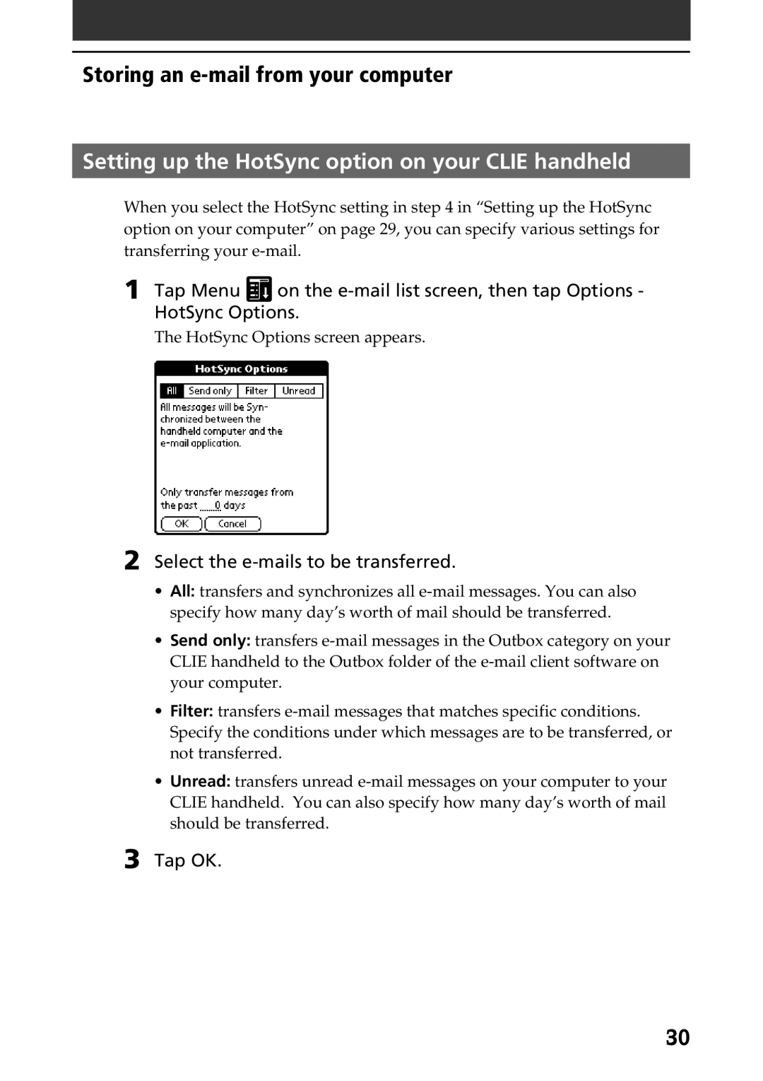 Sony A-AVZ-100-11 manual Setting up the HotSync option on your Clie handheld, Select the e-mails to be transferred 