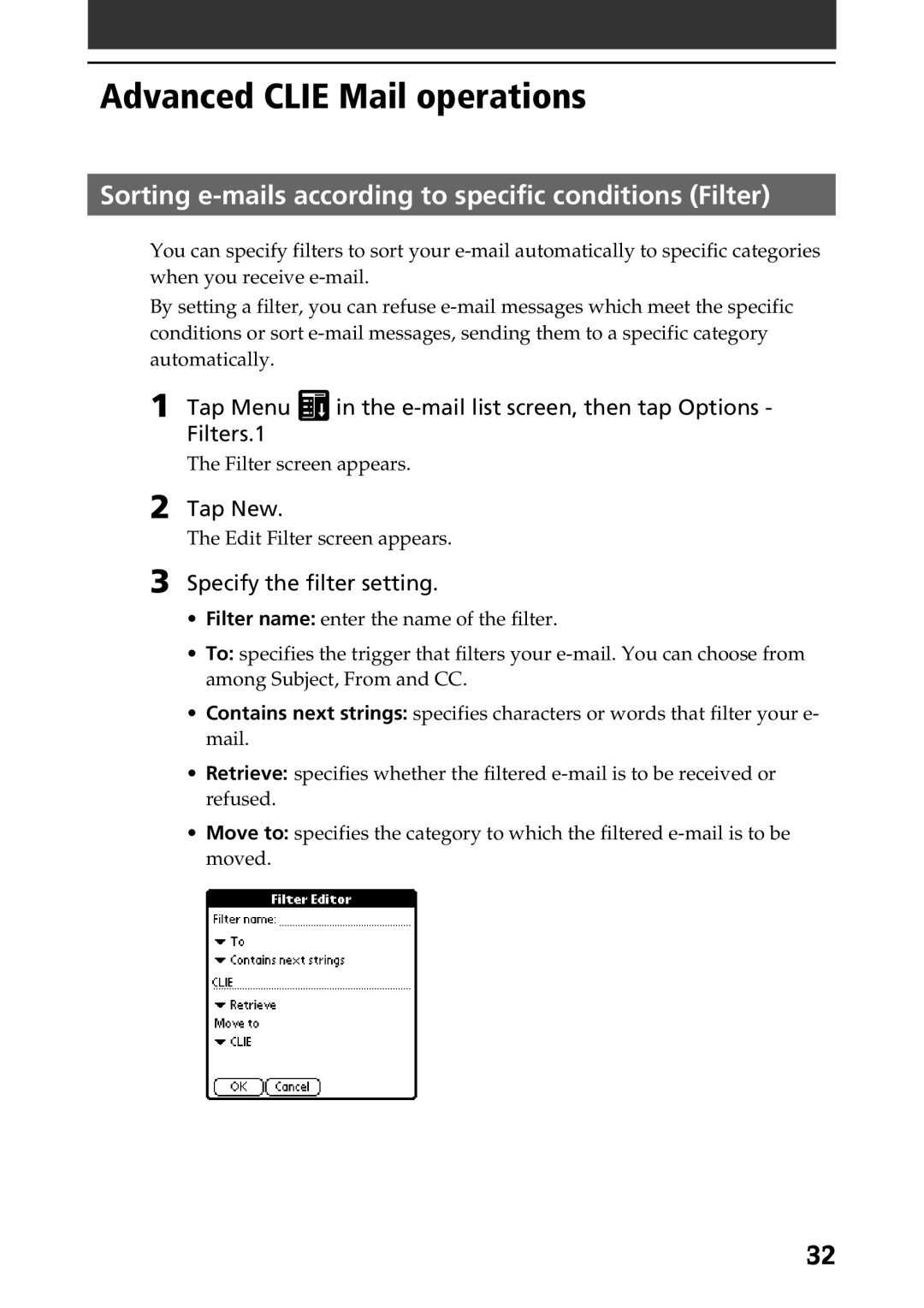 Sony A-AVZ-100-11 manual Advanced Clie Mail operations, Sorting e-mails according to specific conditions Filter 