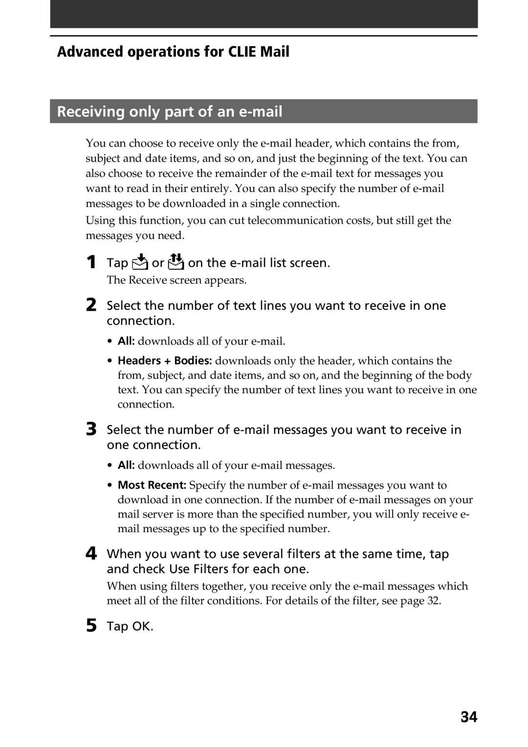 Sony A-AVZ-100-11 manual Receiving only part of an e-mail, Tap or on the e-mail list screen 