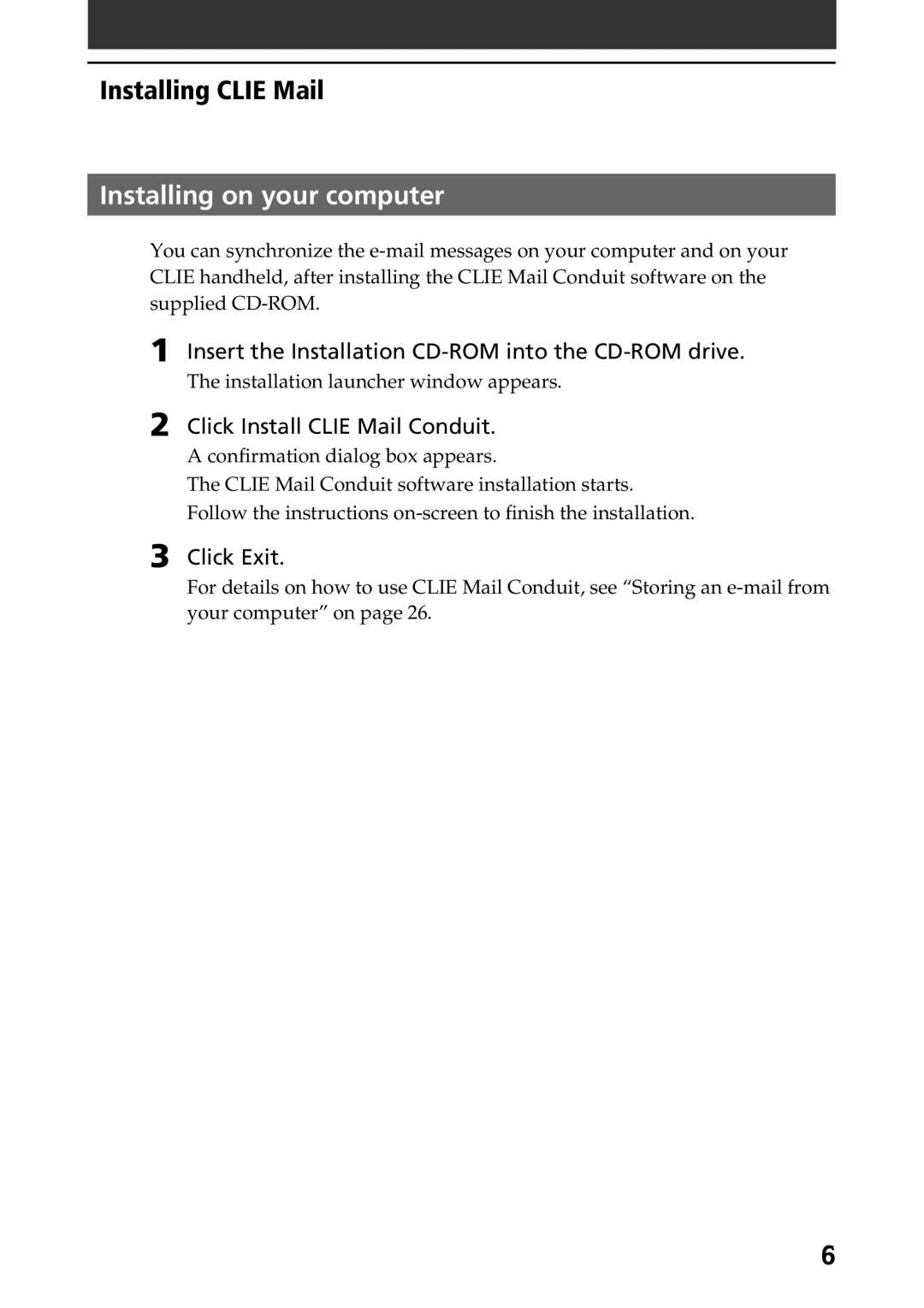 Sony A-AVZ-100-11 manual Installing on your computer, Click Install Clie Mail Conduit, Click Exit 