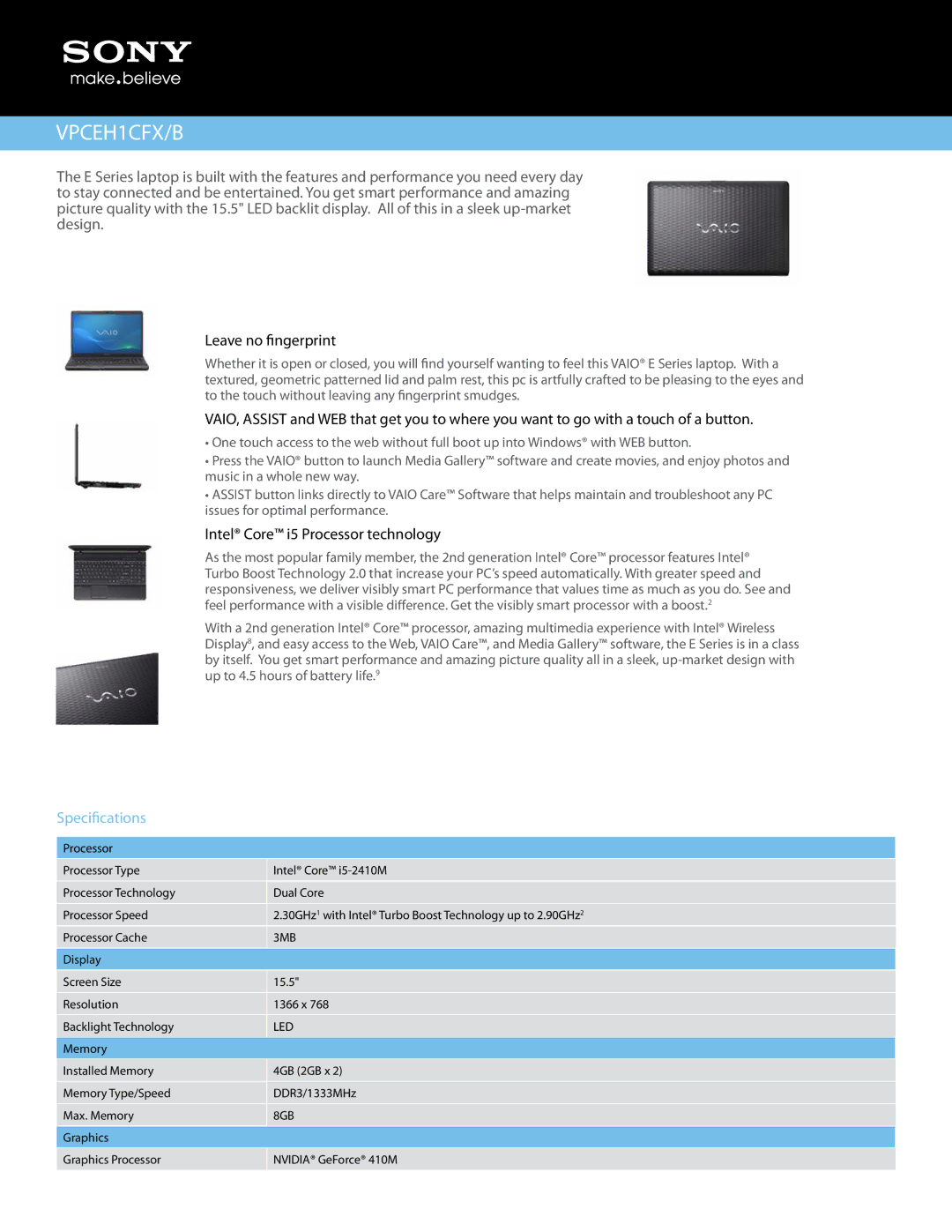 Sony A8N-SLI manual VPCEH1CFX/B, Leave no fingerprint, Intel Core i5 Processor technology, Specifications 