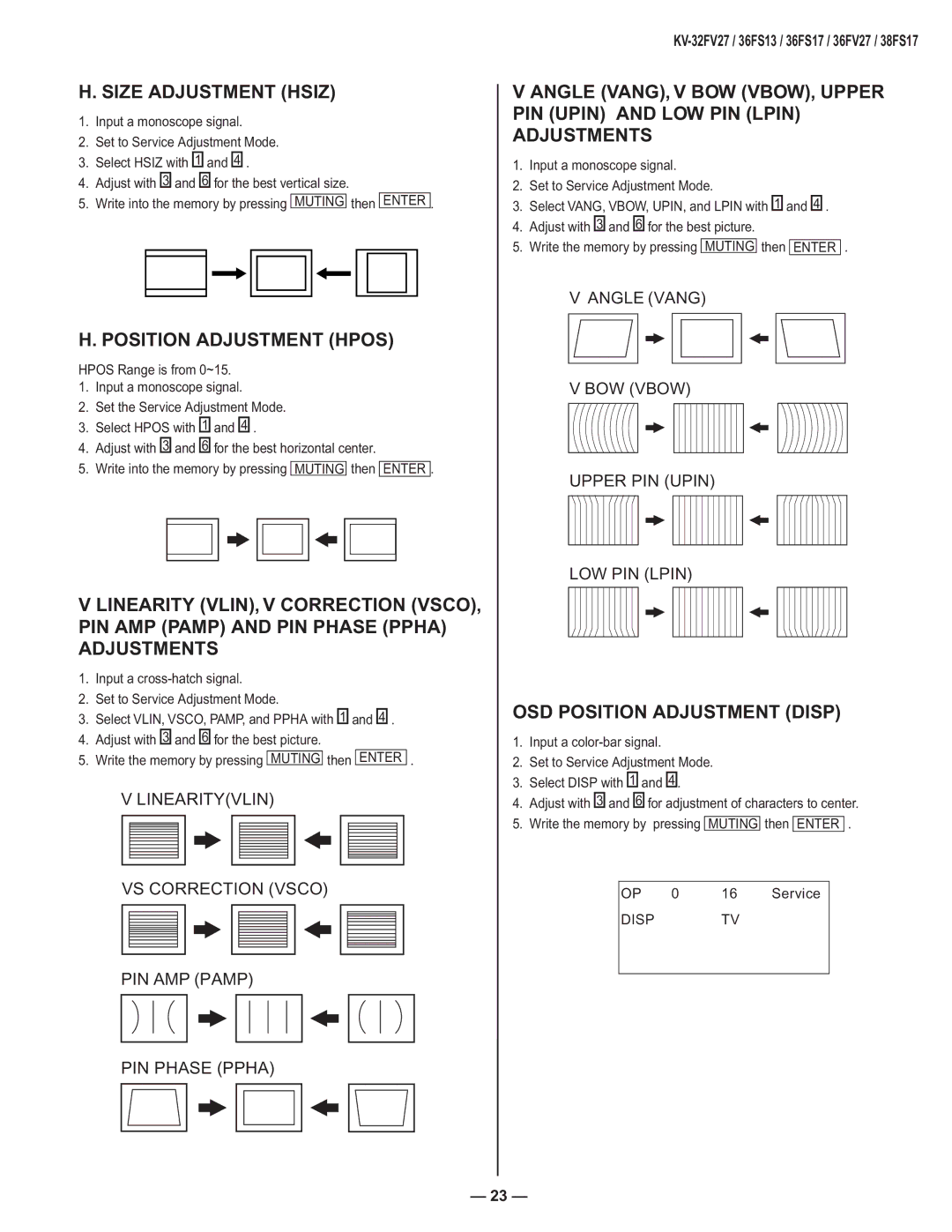 Sony AA-2U service manual Size Adjustment Hsiz, Position Adjustment Hpos, OSD Position Adjustment Disp 