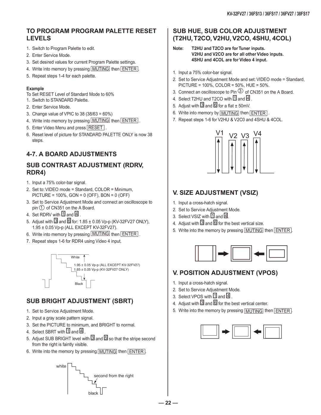 Sony AA-2U service manual To Program Program Palette Reset Levels, Board Adjustments SUB Contrast Adjustment RDRV, RDR4 