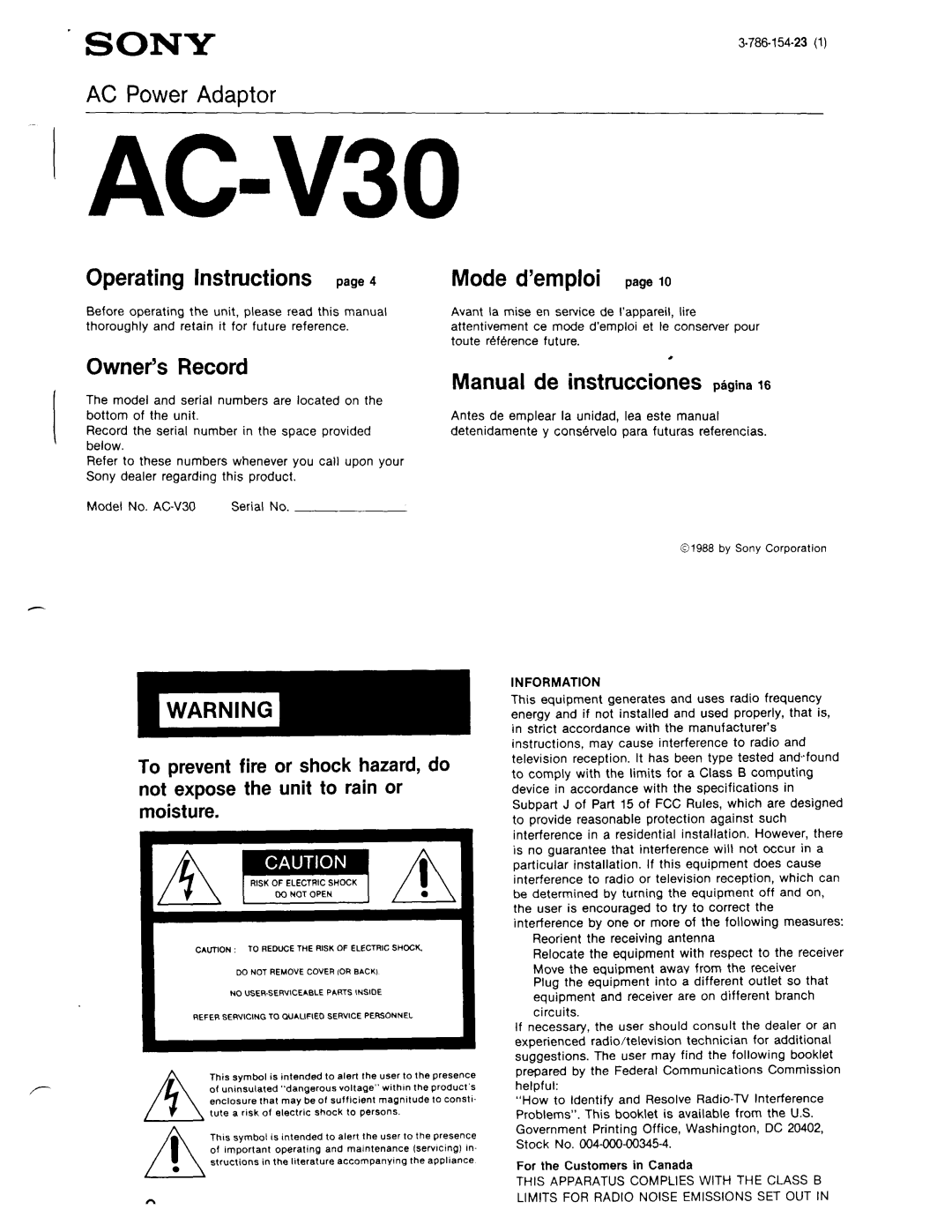 Sony AC-V30 manual 