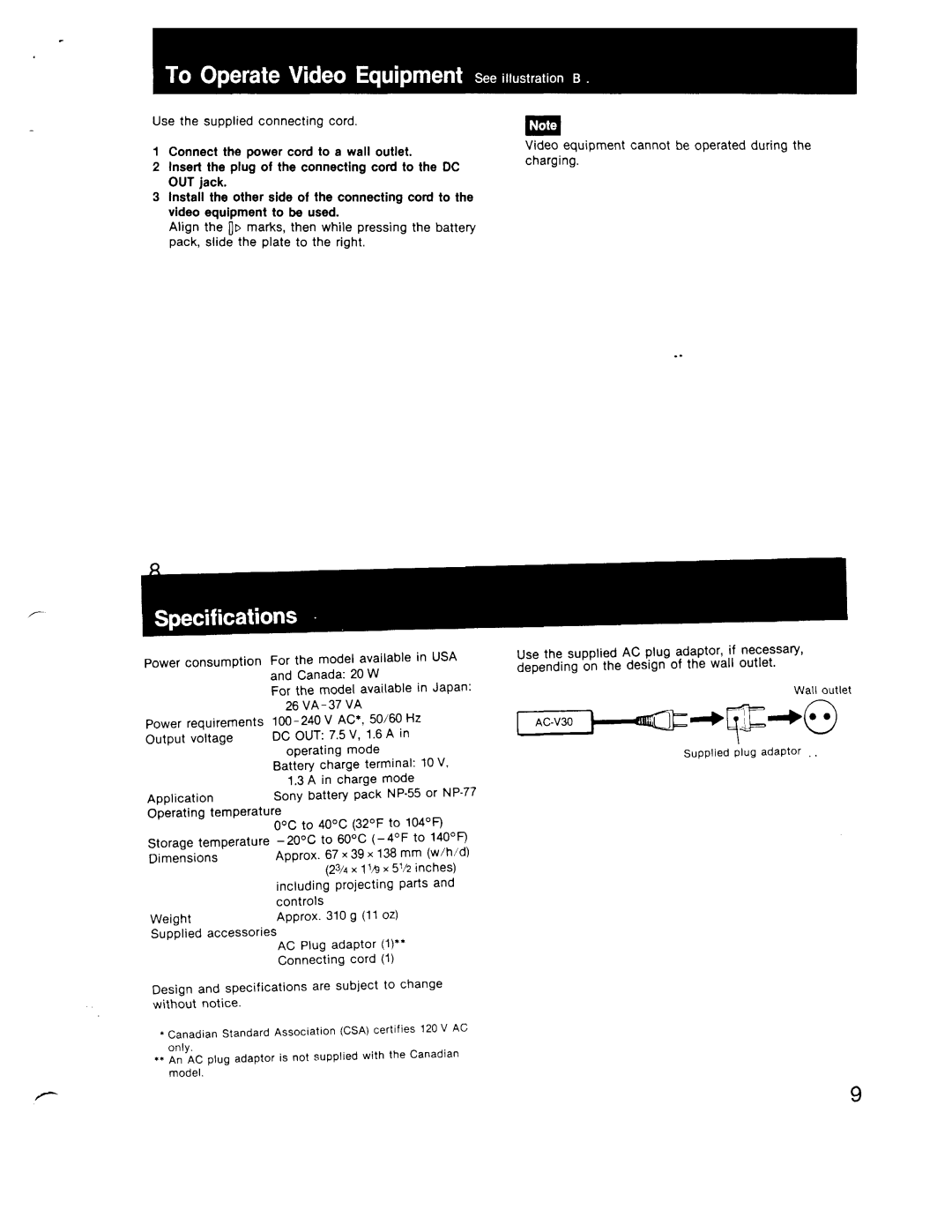 Sony AC-V30 manual 