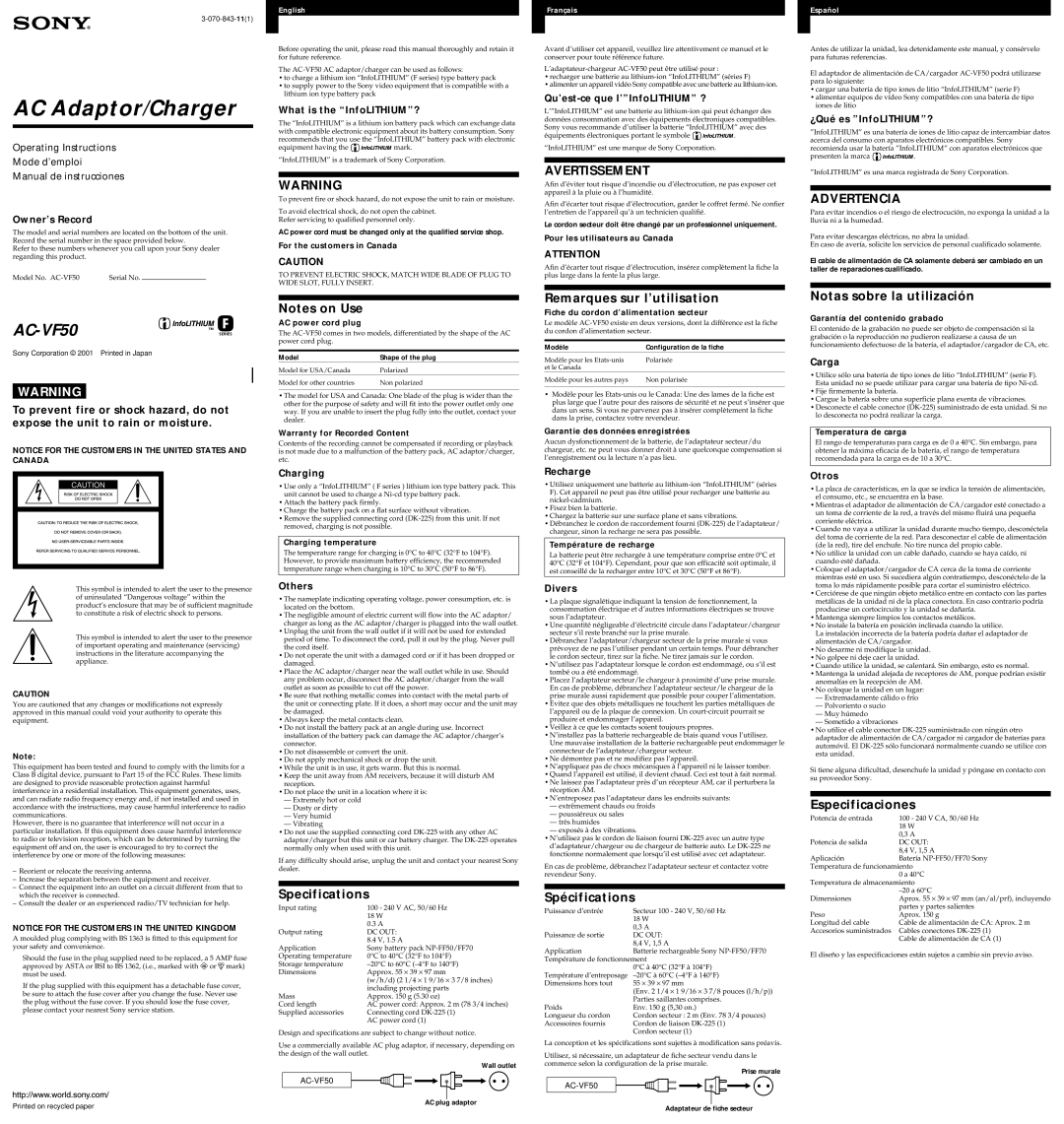 Sony AC VF50 warranty Remarques sur l’utilisation, Notas sobre la utilización, Specifications, Spécifications 