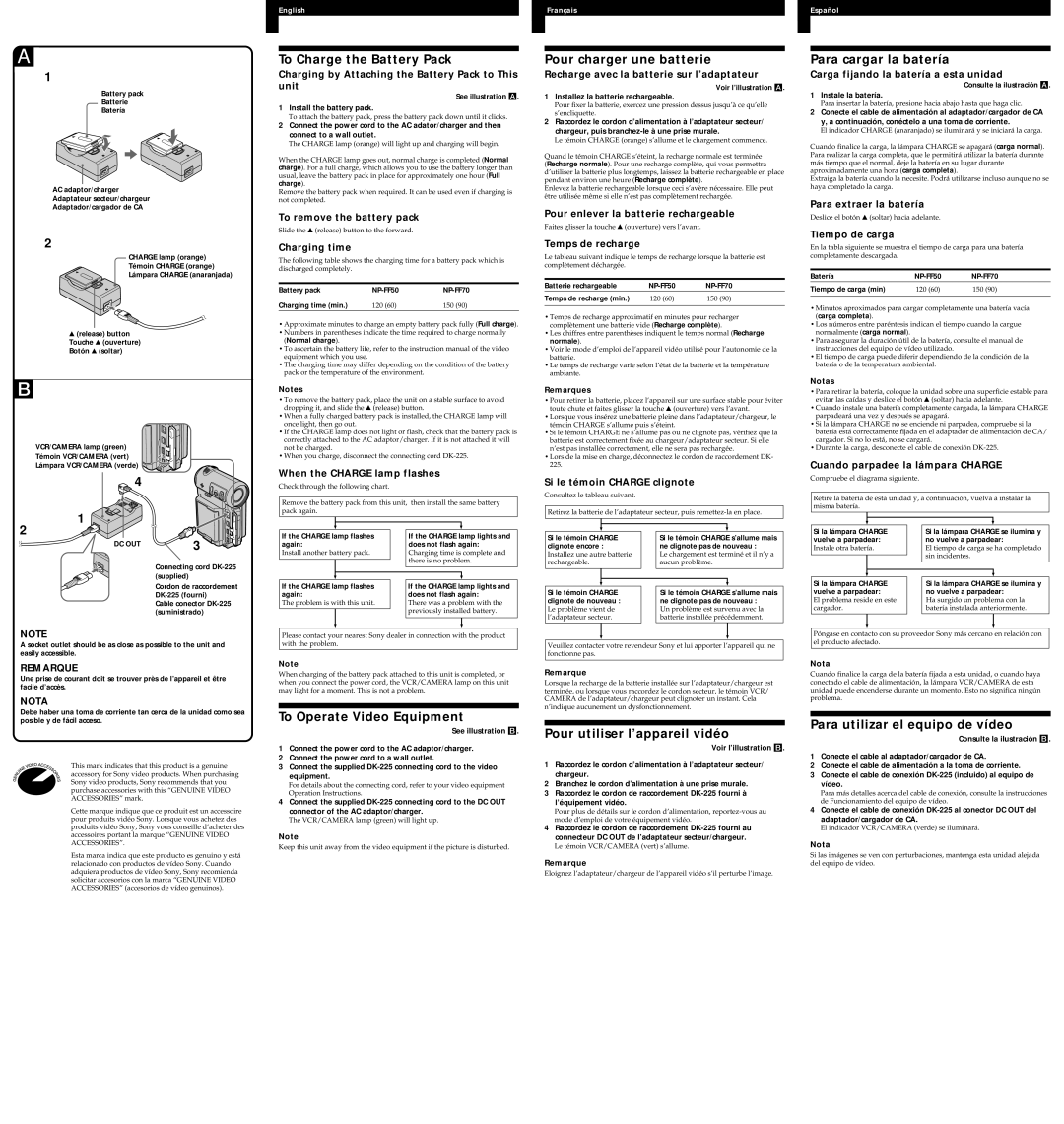 Sony AC VF50 To Charge the Battery Pack, Pour charger une batterie, Para cargar la batería, To Operate Video Equipment 