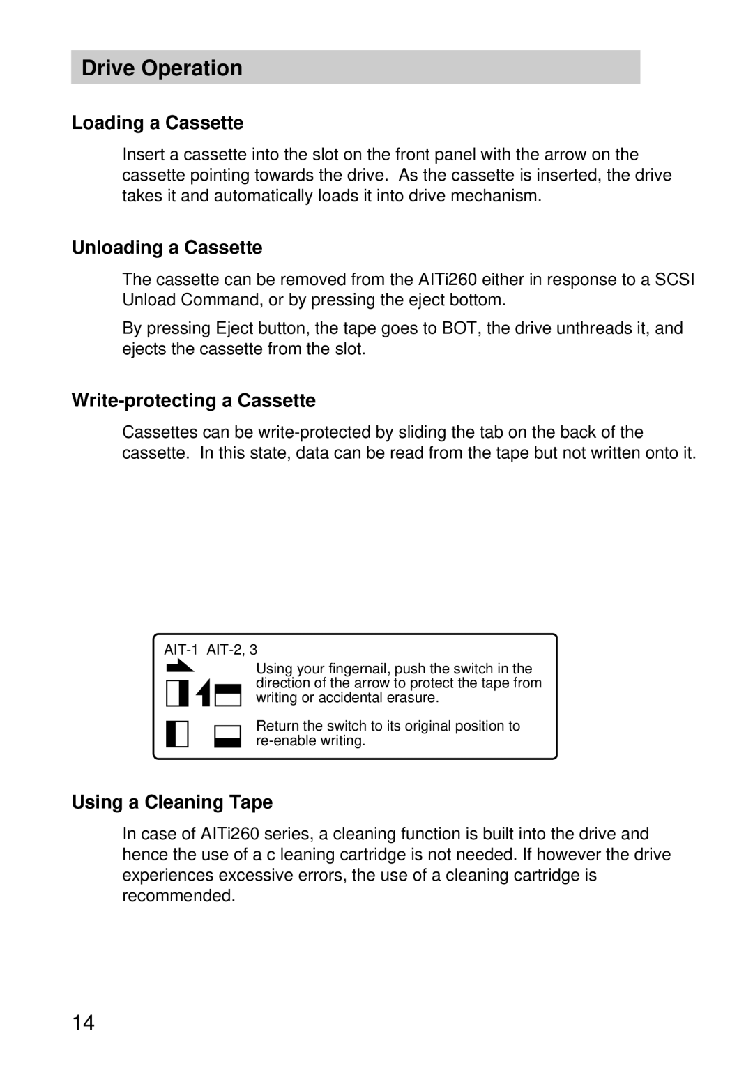 Sony AITi260 Drive Operation, Loading a Cassette, Unloading a Cassette, Write-protecting a Cassette, Using a Cleaning Tape 