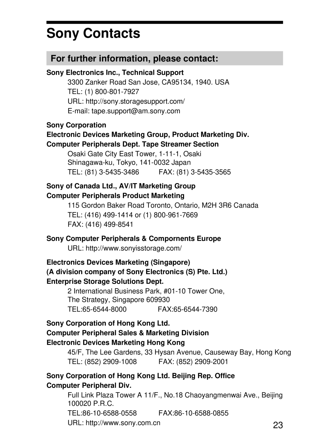 Sony AITi260 manual Sony Contacts, For further information, please contact, Sony Electronics Inc., Technical Support 
