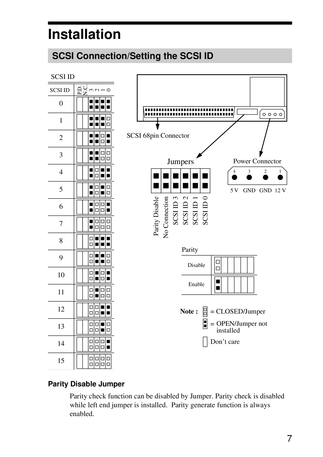 Sony AITi260 manual Installation, Scsi Connection/Setting the Scsi ID, Parity Disable Jumper 