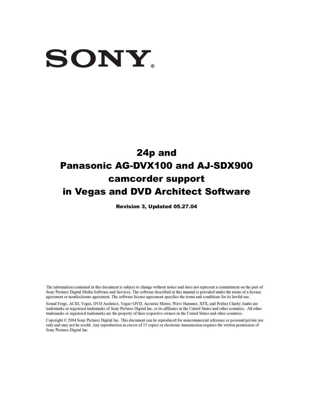 Sony AJ-SDX900 manual Revision 3, Updated 