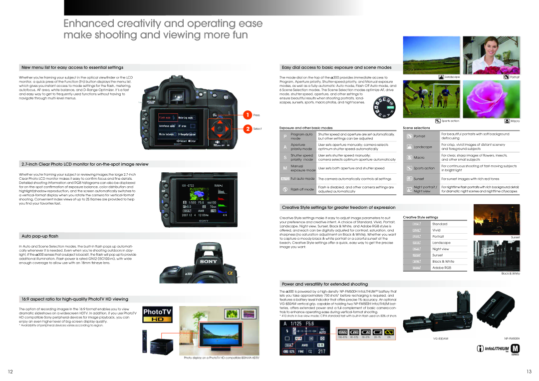 Sony alpha 300 New menu list for easy access to essential settings, Easy dial access to basic exposure and scene modes 