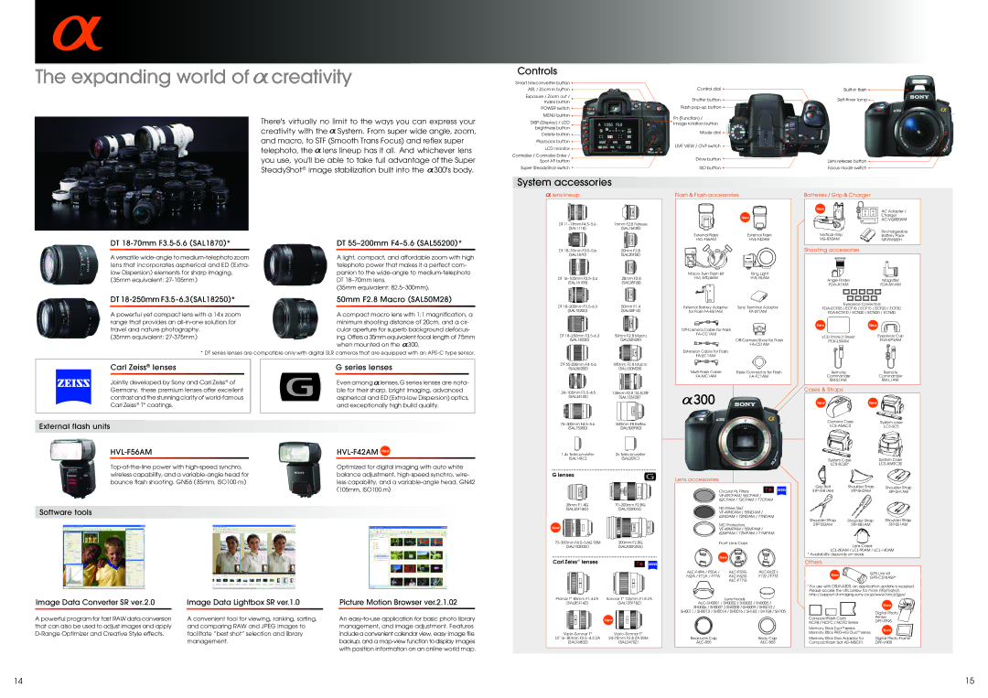 Sony alpha 300 specifications Expanding world of creativity, Controls, System accessories 