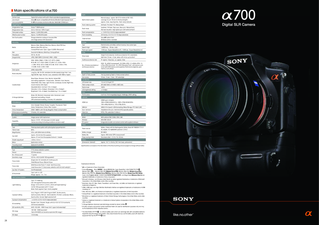 Sony alpha 700 specifications Main speciﬁ cations, System 