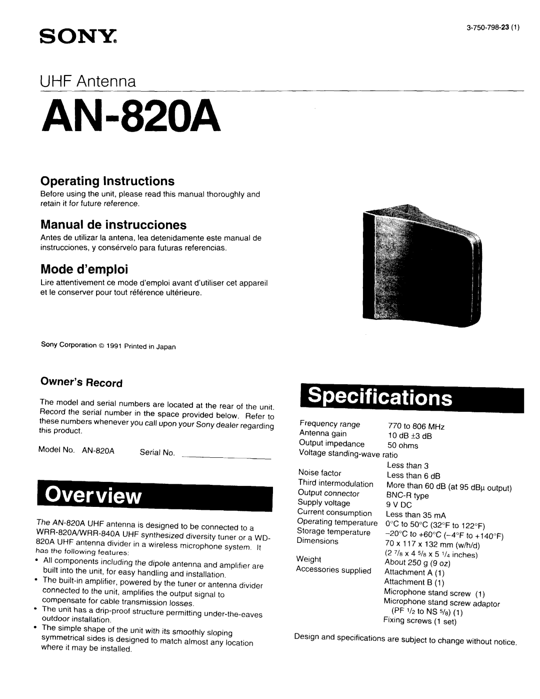 Sony AN-820A manual 