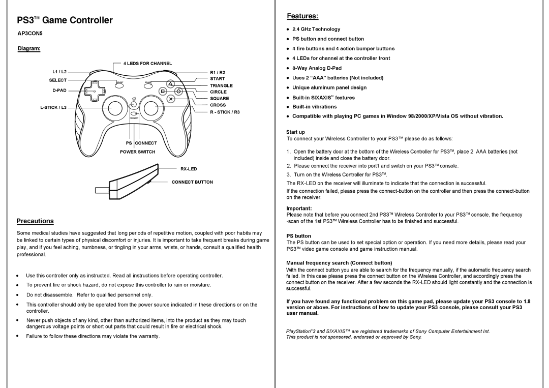 Sony AP3CON5 warranty PS3TM Game Controller, Features, Precautions 