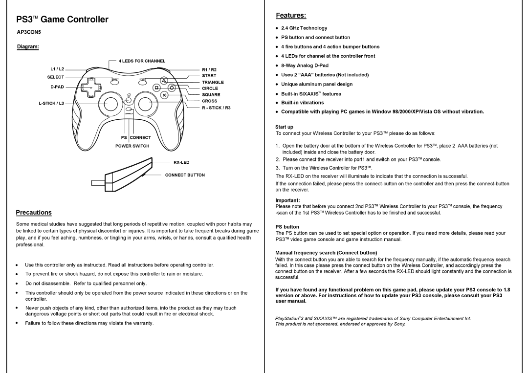 Sony warranty PS3TM Game Controller, Features, Precautions, AP3CON5 Diagram, Built-in vibrations, Start up, PS button 