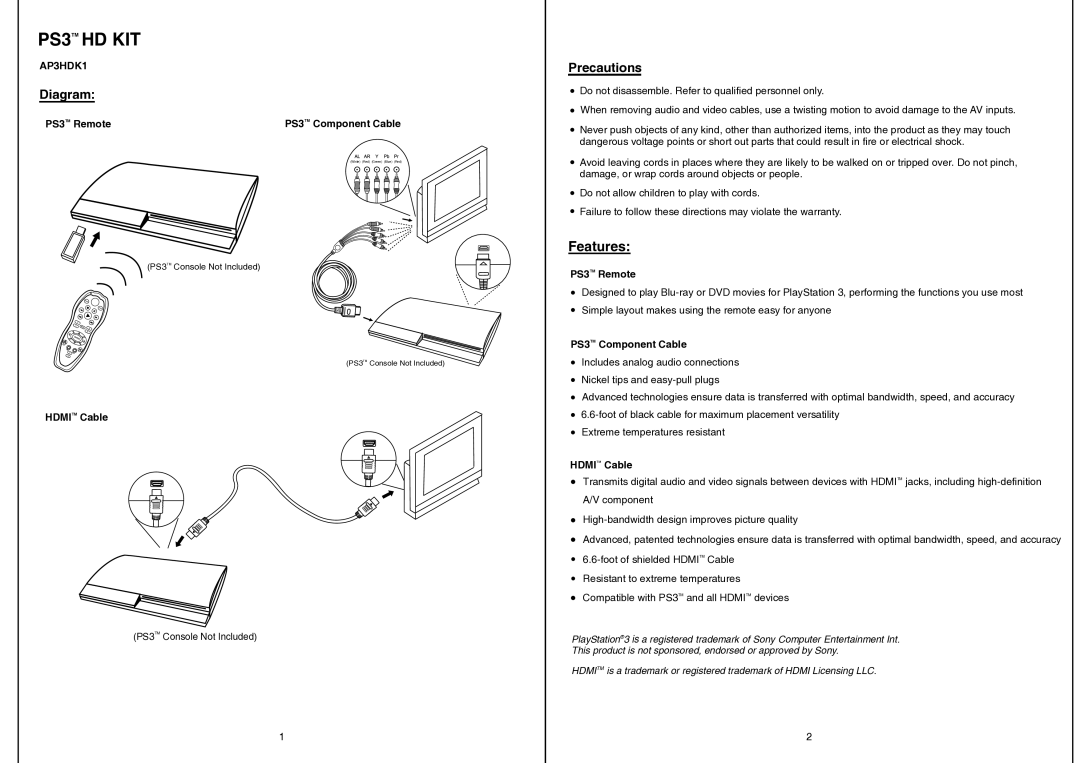 Sony AP3HDK1 warranty PS3TM HD KIT, Features, Diagram, Precautions 