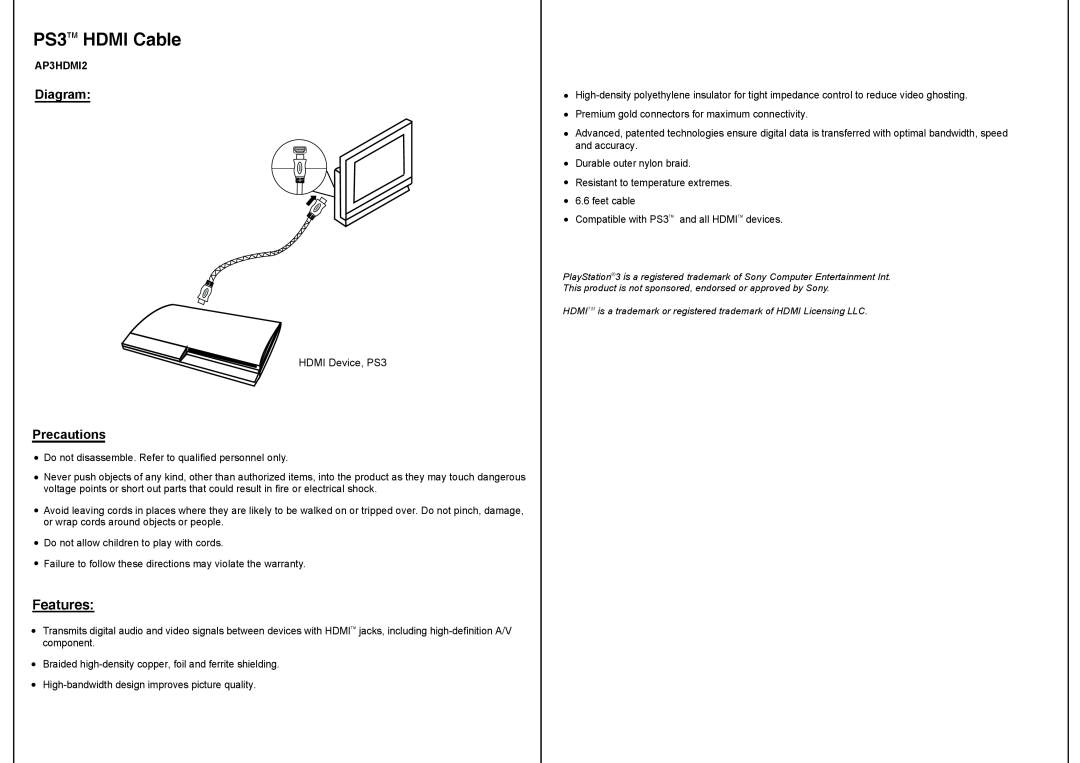 Sony AP3HDMI2 warranty PS3TM HDMI Cable, Features, Diagram, Precautions 