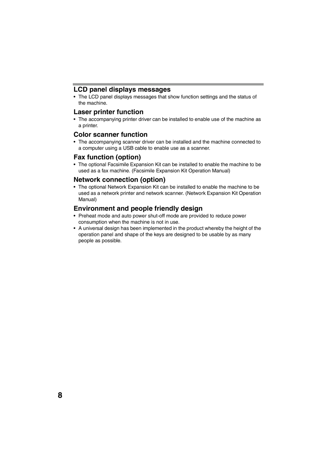 Sony AR-208S operation manual LCD panel displays messages, Laser printer function, Color scanner function 