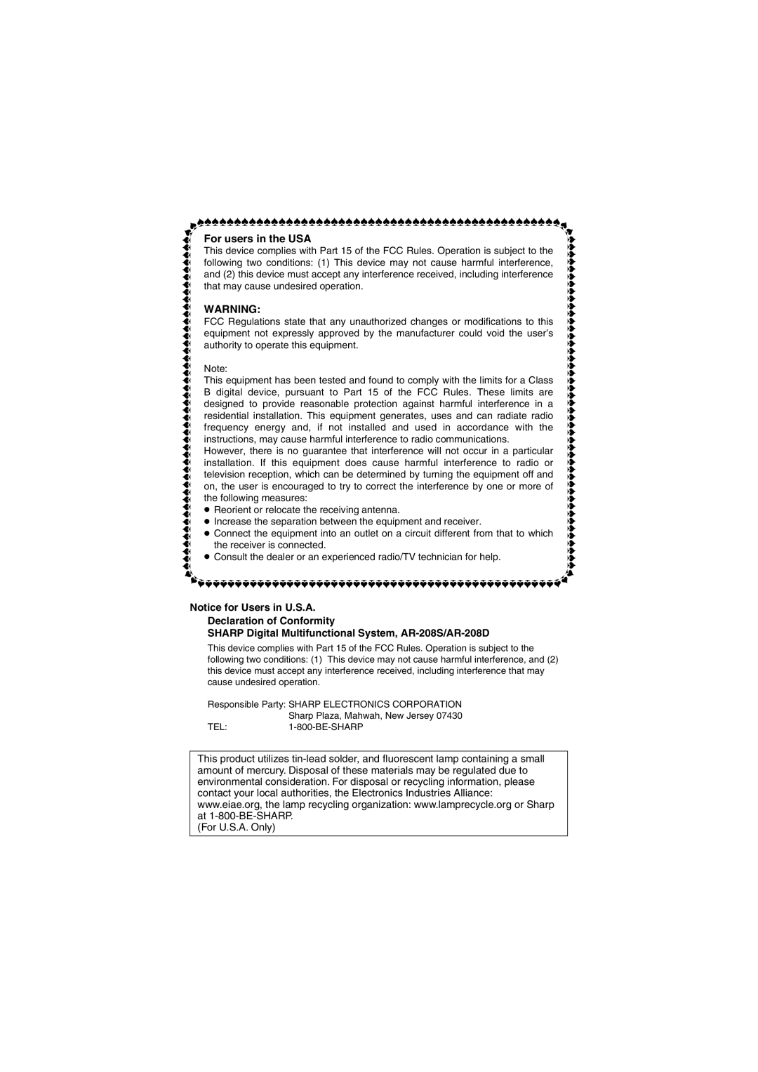 Sony AR-208S operation manual For users in the USA 